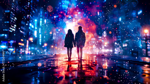 Two people walking down street in the rain with colorful lights behind them.