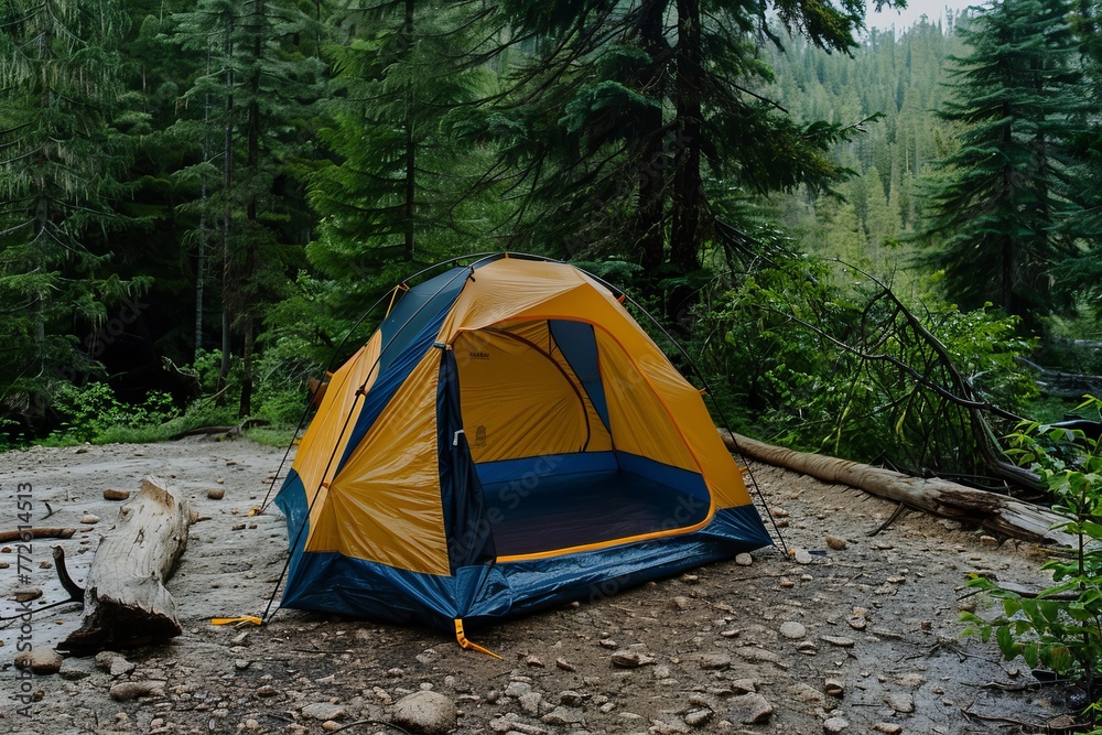 A tent pitched in the wilderness symbolizes solitude and adventure, a haven for those seeking refuge in nature.