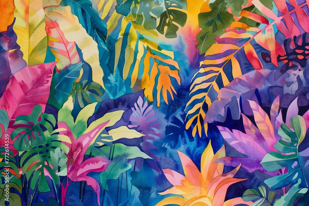 A vibrant watercolor painting of a tropical jungle.