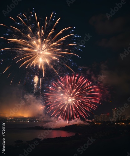 Vibrant fireworks illuminating night sky  perfect for New Year celebrations.