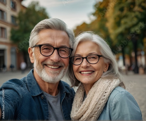 Active retirees, gray-haired, capturing memories with cheerful selfie pose.