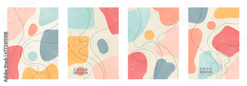 Set of abstract vector art background with hand drawn watercolor shapes and lines for cover design, flyers, cards, poster. Modern pastel color vector illustrations for design interior.