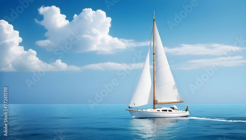 white image of a lone sailboat on a calm sea. © Zulfi_Art