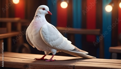 A white dove with a red beak and a red beak stands on a wooden platform photo
