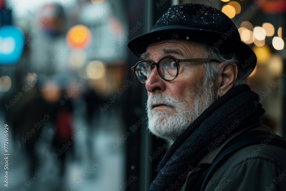 Portrait of an old man with a beard and glasses in the city Portrait of an old man with a beard and glasses in the city