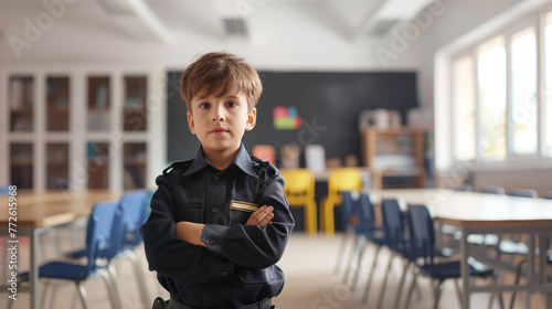 Little boy kid in a police officer suit looking at the camera against blurred school classroom with space for copy