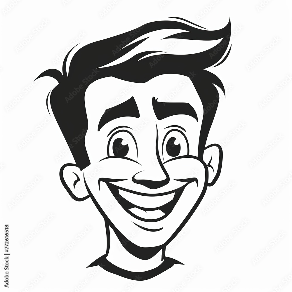 Obraz premium cartoon of a handsome smiling mans face with a smile, black on white background, mascot logo, simple design, expense lines, retro, simple, line art generative ai