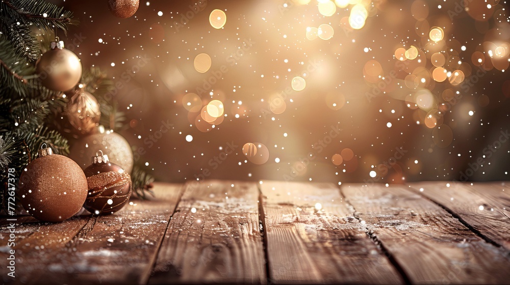 Fototapeta premium A Christmas background with wooden floor contents filled with blurry light particles.