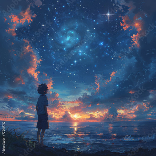 Anime Boy's Ocean Gaze Under Twinkling Stars