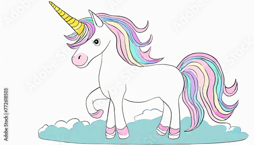 Colorful unicorn cartoon in pastel colors.