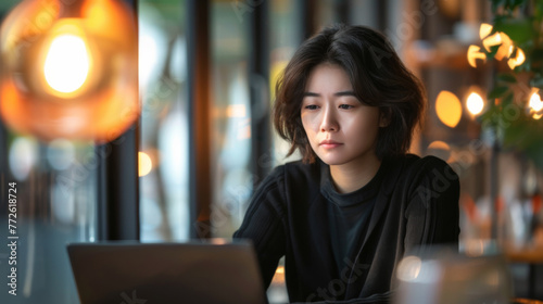 An Asican businesswoman or student working on her laptop in a coffee shop or restaurant.