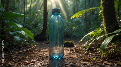 A plastic water bottle in the rainforest at sunrise. Generative AI.
