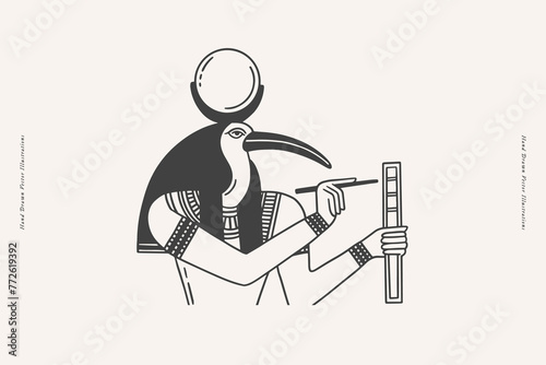 Ancient Egyptian god Thot. God of wisdom and creator of writing in Ancient Egypt. Deity with the head of an ibis bird. Mythical character of the ancient world, god of the moon.