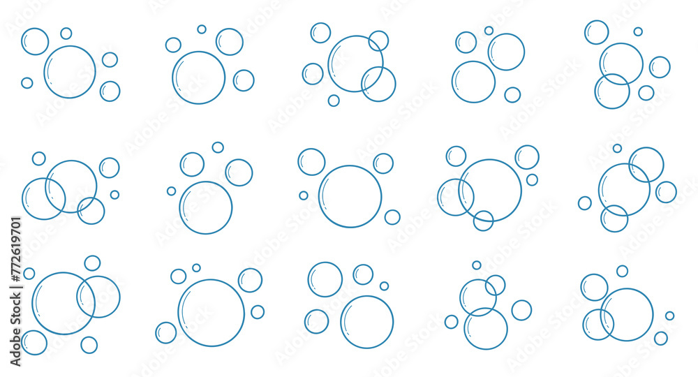 Soap bubbles icon doodle set.  Fizzy, soap foam, water sparkle in sketch style. Hand drawn vector illustration isolated on white background