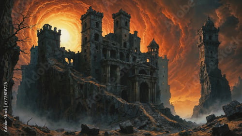 Abandoned castle fortress with towering ruins on a rocky cliff, blazing bright sunset with fiery orange clouds, cursed desolate landscape - fantasy art.