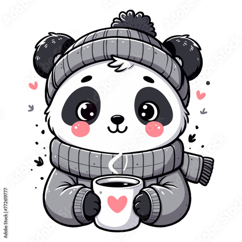 Cute cartoon panda in a grey sweater and a grey hat holds a cup of coffee in hands. Vector illustration. Isolated on white background.