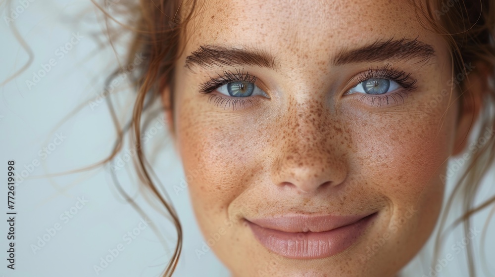 In a close-up, a young beauty woman radiates joy with a natural smile, showcasing flawless skin, embodying the essence of beauty.
In a close-up, a young beauty woman radiates joy with a natural smile, showcasing flawless skin, embodying the essence of beauty.