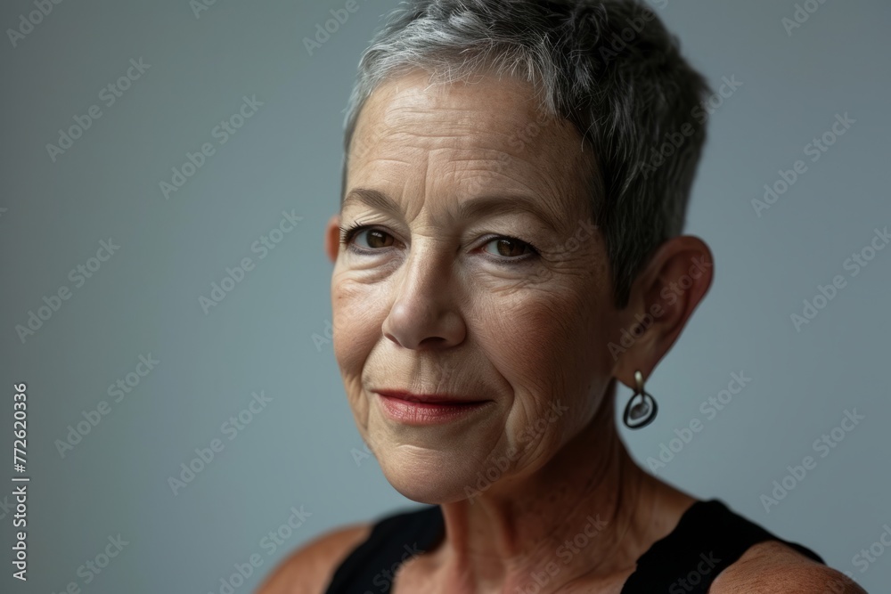 Portrait of a happy senior woman with grey hair on gray background Portrait of a happy senior woman with grey hair on gray background
