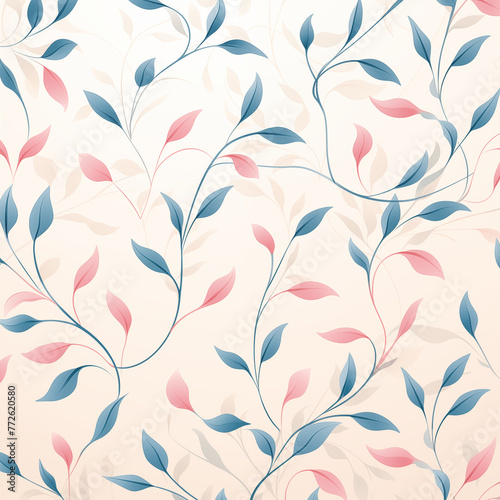 Elegant floral ornament with blue and pink leaves on a light background