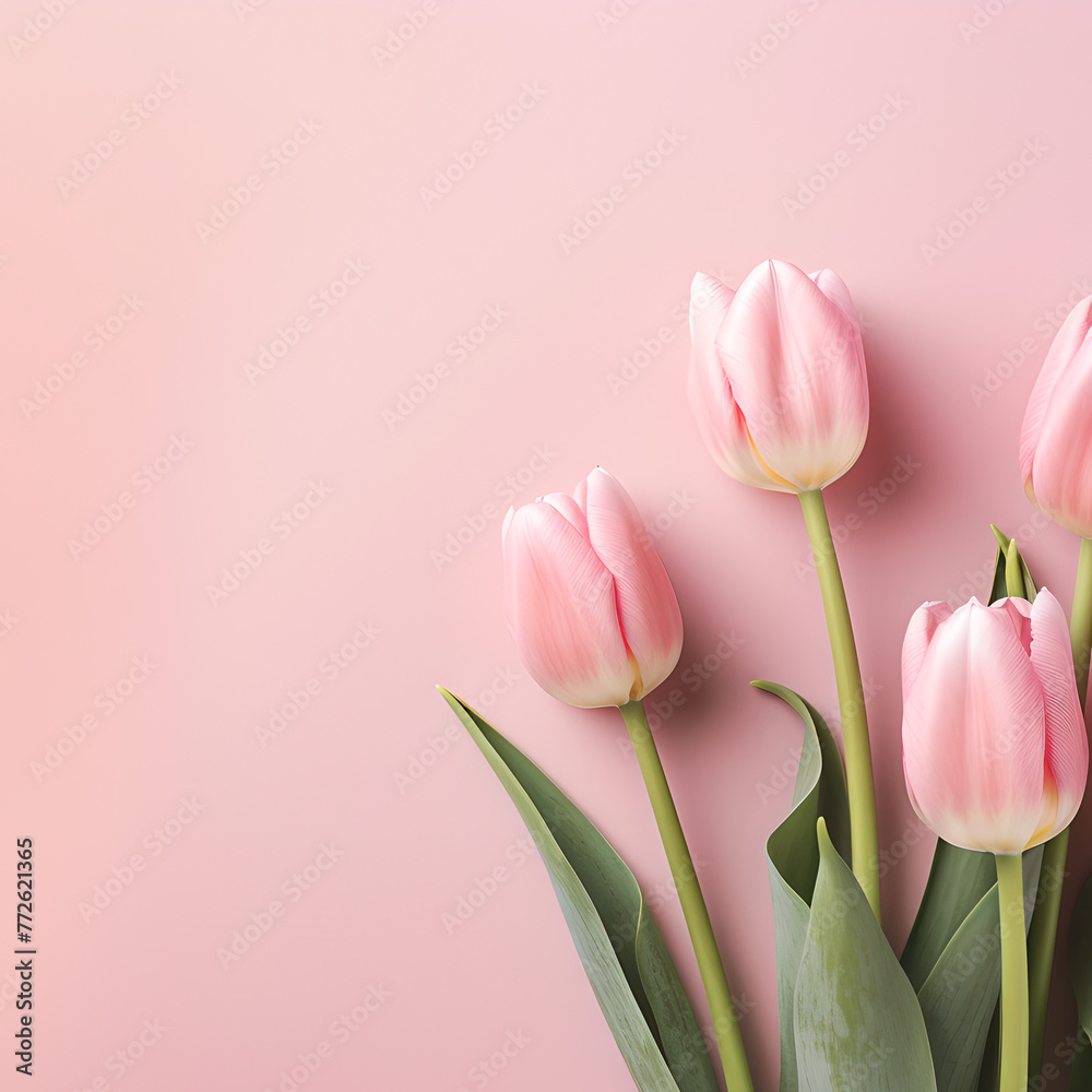 Fototapeta premium bouquet of pink tulips on rose background with empty space for text 