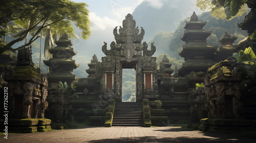 Fototapeta Naklejka Na Ścianę i Meble -  Ancient temple ruins in the middle of a lush green jungle with stone steps leading up to the temple entrance