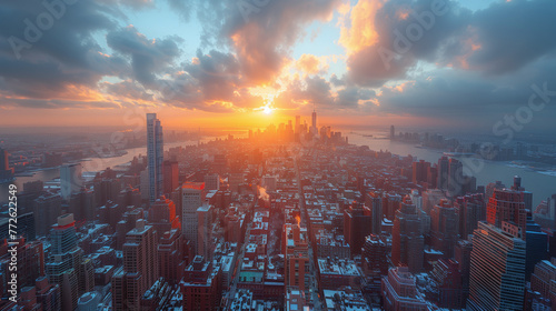 Sunset over Snow-Dusted Cityscape