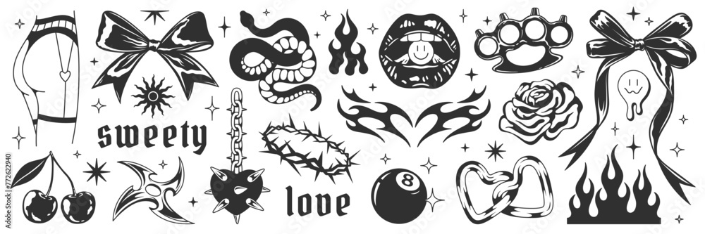 Y2k aesthetic set. Tattoo art signs of 2000s style. Y2k symbols, goth chain, heart, rose, flame, bow, snake, brass knuckles, mouth, star, cherry, blackthorn, smile. Vector tattoo line modern stickers - obrazy, fototapety, plakaty 