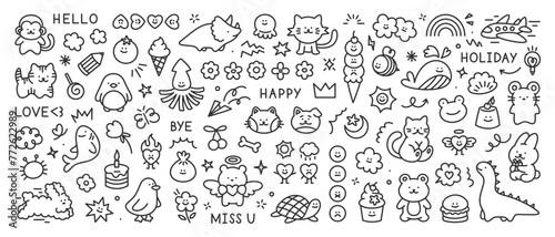 Scribble kid doodle icons set. Cute hand drawn set of cat, sun, flower, smile, heart, animal, cloud, star, rainbow, candy, dog. Vector trendy sketch childish elements for stickers, patterns, banners.