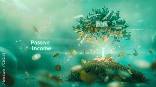 green tree with currency symbols as leaves  with text  Passive Income . representing online income streams. 