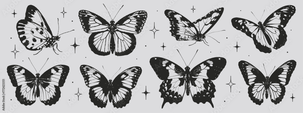 Set of black butterflies in the style of grunge stamp and organic shapes. Tattoo silhouette, hand drawn stickers, Y2k aesthetic. Vector graphic in trendy retro 90s style. Grain texture butterfly. - obrazy, fototapety, plakaty 