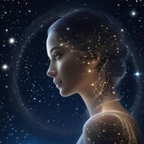 Cosmic Beauty: The Face of a Woman in Infinity space, universe, stars, galaxy, sky, look, mysticism, greatness, portrait