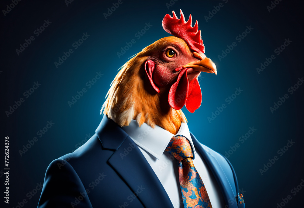 Dapper Rooster in Suit and Tie. A rooster confidently stands wearing a black suit and tie, showcasing a unique and humorous sight.