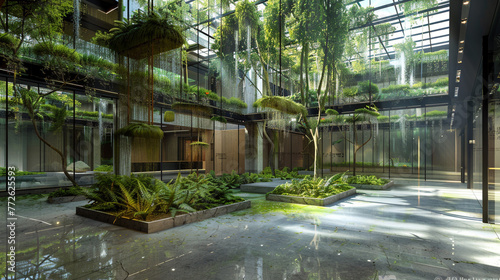 A biophilic interior courtyard featuring a sophisticated glass-roofed atrium filled with hanging gardens and slender trees. 