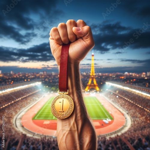 Hand holding a gold medal won in victoriuos sport athletics competition in summer olympic games in Paris, France. Eiffel tower in the background