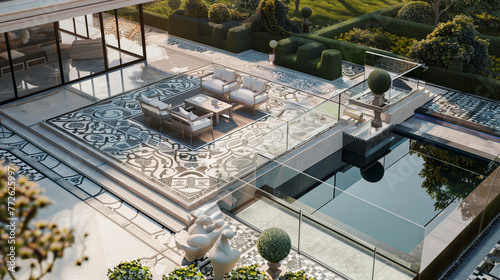 A chic backyard design featuring a raised patio area with elegant, patterned tile flooring and a glass balustrade. Modern outdoor furniture is arranged for dining and lounging, 