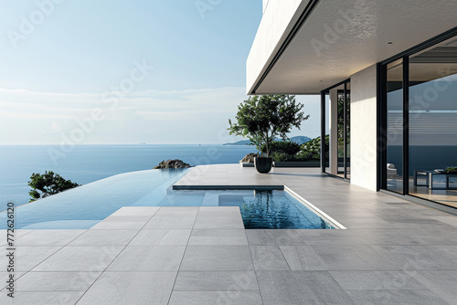 A chic, monochrome-themed modern patio that leads to a crisp swimming pool, with the homea??s sleek design and the pool's azure blue water rendered in striking contrast.  © baseer