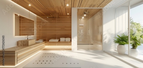 Modern bathroom with wooden wall & glass, steam room for relaxation. Sauna in house. Interior design of modern home spa.