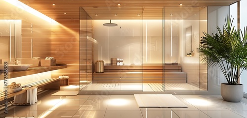 Modern bathroom with wooden wall & glass, steam room for relaxation. Sauna in house. Interior design of modern home spa.