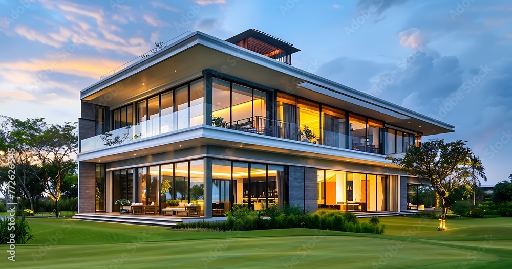 © Copper - Modern luxury two-story house villa with pool and spacious balcony, glass windows, terrace overlooking the golf course at beautiful sunset. Modern architectural design home in the evening © Copper - Modern luxury two-story house villa with pool and spacious balcony, glass windows, terrace overlooking the golf course at beautiful sunset. Modern architectural design home in the evening