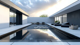 A contemporary backyard space featuring a minimalist patio with clean lines and a bold, black and white color scheme. A sleek, rectangular outdoor pool reflects the sky, 