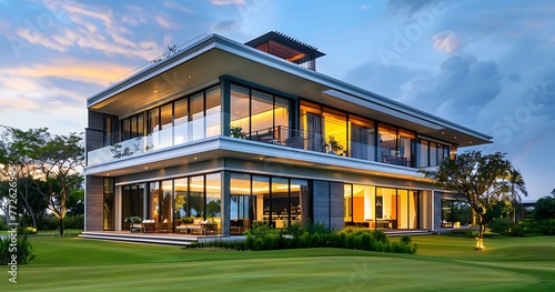 Modern luxury two-story house villa with pool and spacious balcony, glass windows, terrace overlooking the golf course at beautiful sunset. Modern architectural design home in the evening photo