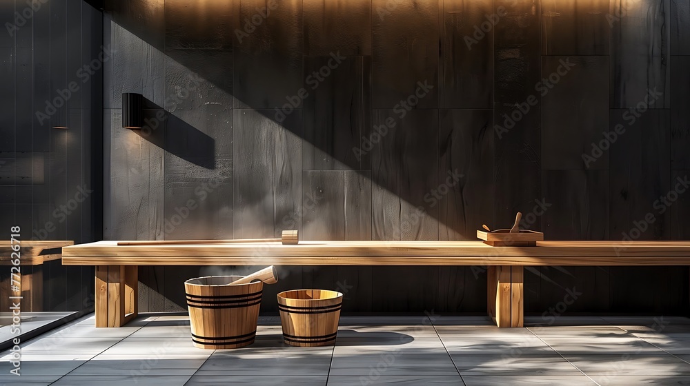 Modern design spa bathroom with wooden sauna steam benches, creating a warm atmosphere in the sauna room. Modern design spa bathroom with wooden sauna steam benches, creating a warm atmosphere in the sauna room.