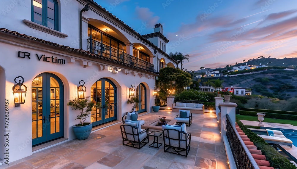 Obraz premium Stunning Los Angeles Mansion with back patio, elegant garden landscaping, pool area, fountain, balcony overlooking hills and breathtaking sunset views
