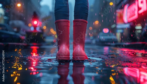 feet in rubber boots rain puddle, fun in the rain, lifestyle cinematic lighting, volumetric lighting, ray tracing, ultra - detailed, intricate details, movie scene, vibrant colors, intricate design, H