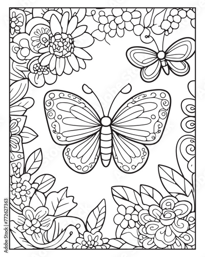 Cute Butterfly Coloring Page, beautiful butterfly vector, black and white  
