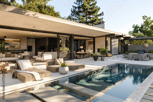 A fresh perspective of a modern home with an outdoor pool, the patio dressed in the latest design trends, the entire scene shot with a clarity that emphasizes the space's sleek aesthetic. photo