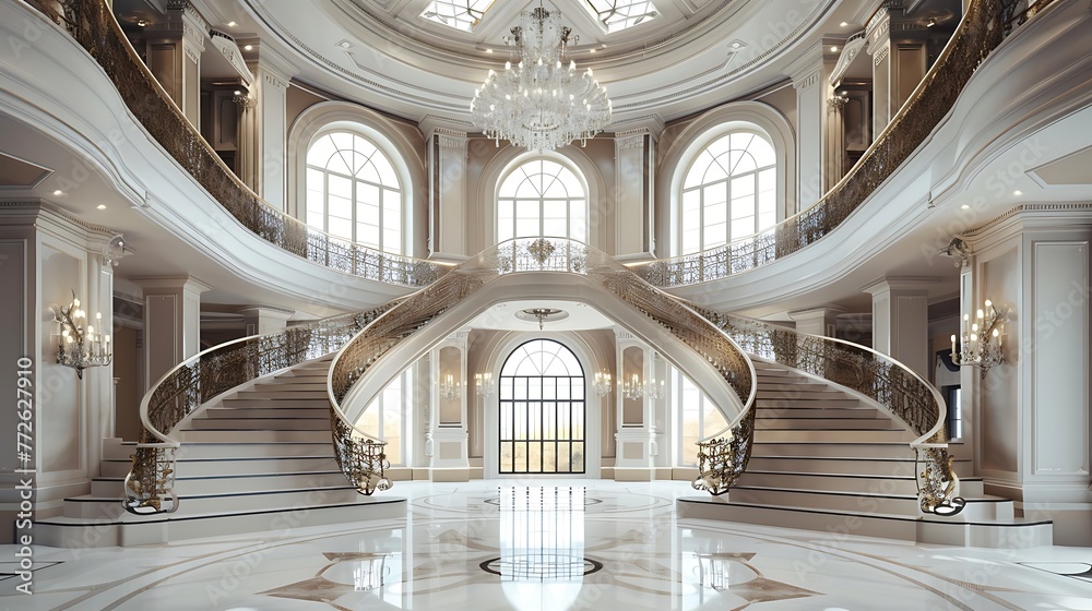 grand double staircase with crystal chandelier and white marble floors ...