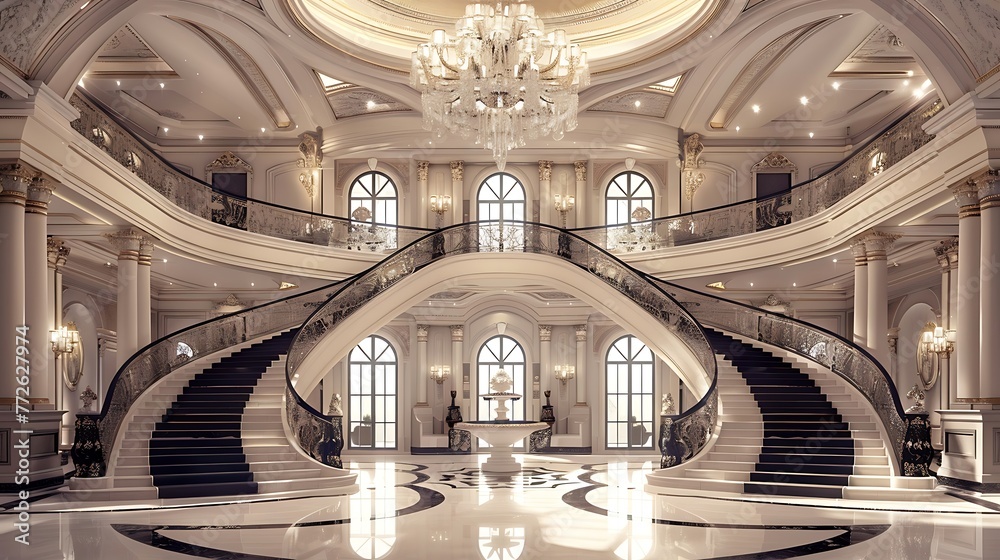 grand double staircase with crystal chandelier and white marble floors. architectural interior design of a luxury house. tall ceilings, central balcony and large glass windows.
