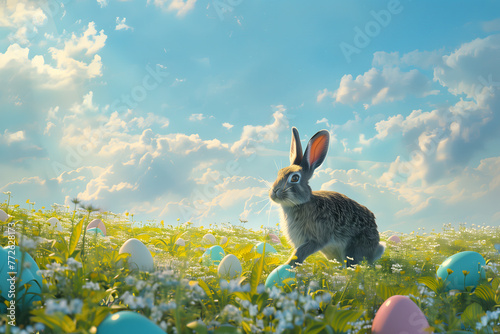 easter bunny on the beautiful grass surrounded by flowers and easter eggs