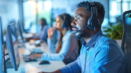 selective focus of african american man in headphones using computer in call center © Christiankhs